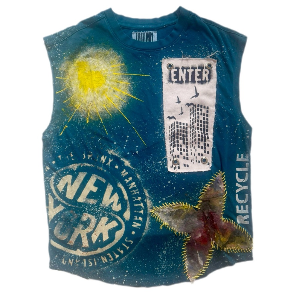 Original Hand-Painted Designer Piece – Sleeveless, Short, Blue & Yellow